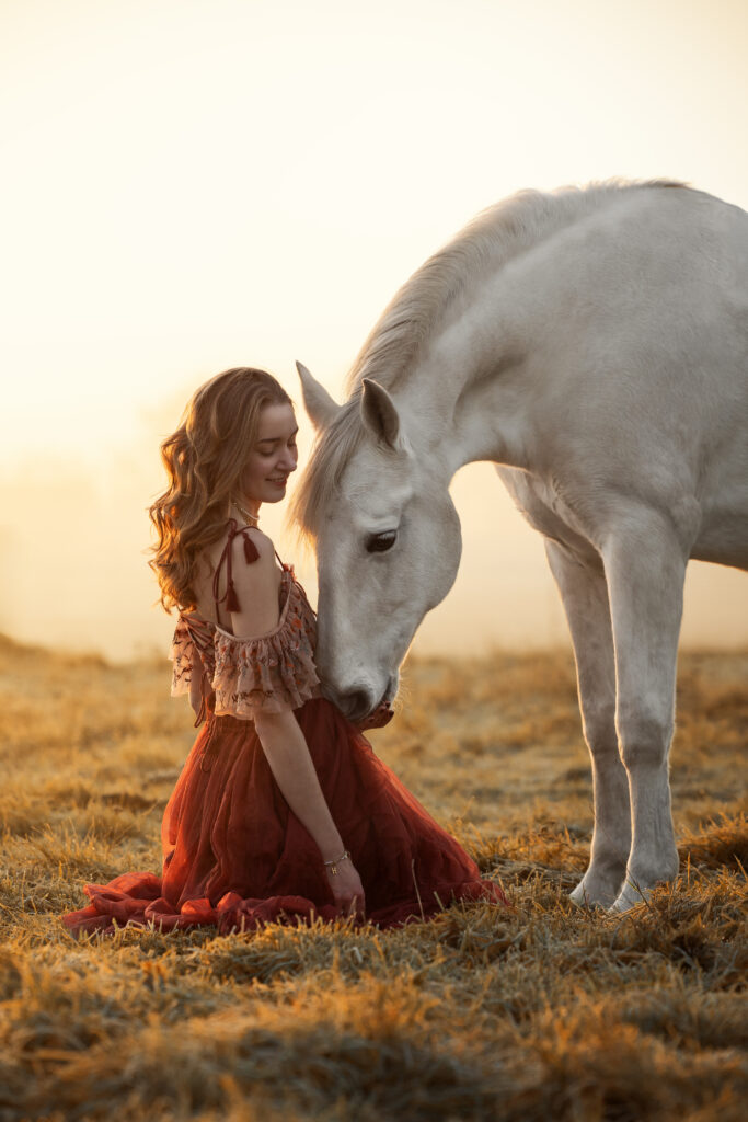 Shooting mit Pferd im Sonnenaufgang im Winter auf der Weide