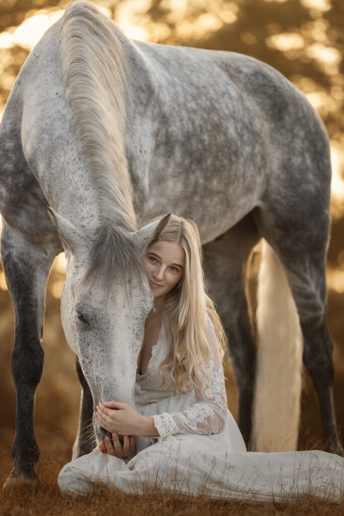 Fotoshooting mit Pferd im Sonnenaufgang in der Heide