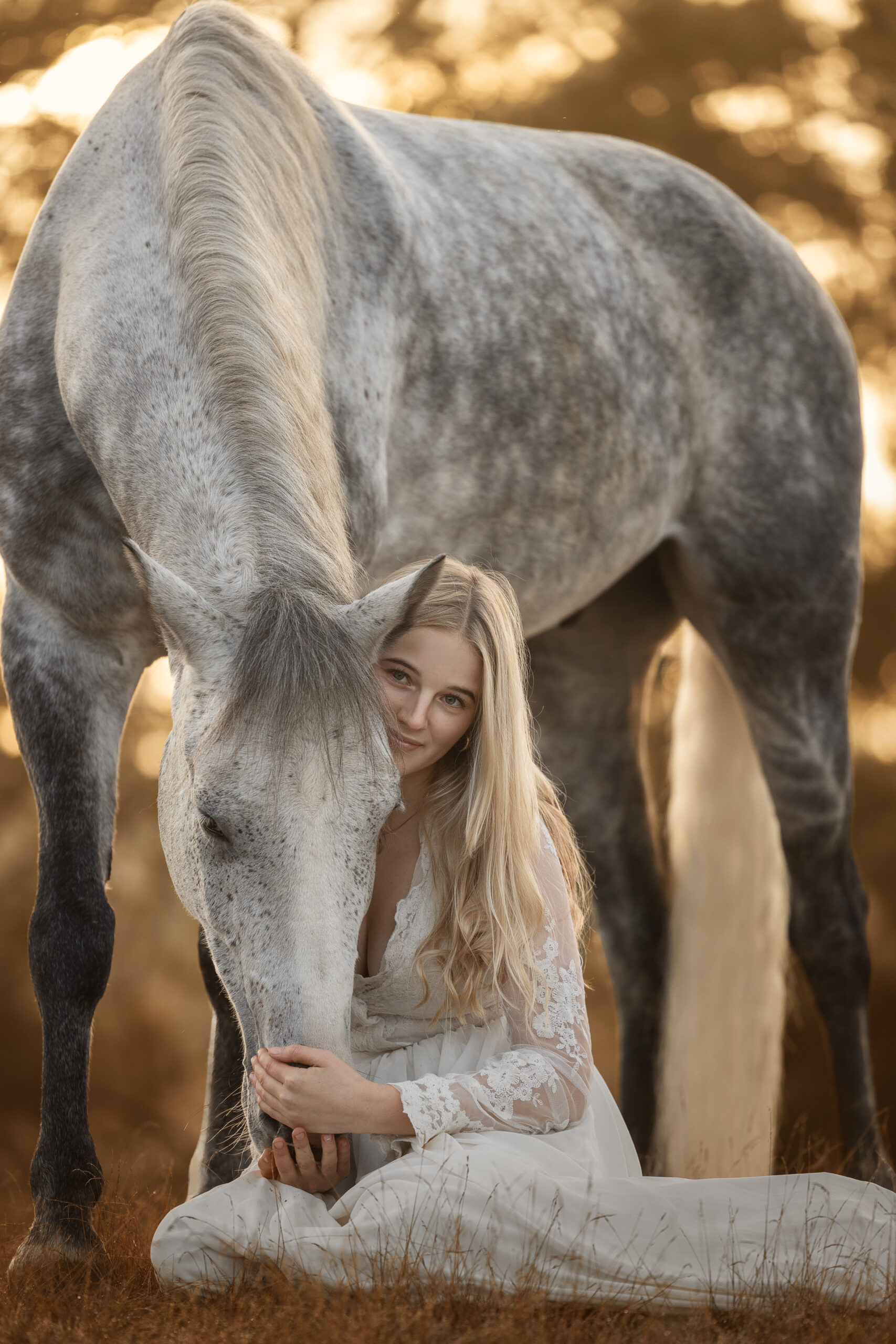 Jana und Ecijano in der Heide Fotoshooting mit Pferd im Sonnenaufgang in der Heide